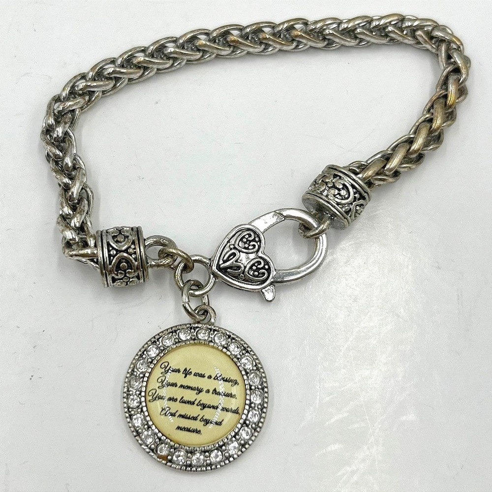VTG Silver Tone Memorial‎ Sentiment Charm Bracelet Wheat Chain Heart Rhinestone